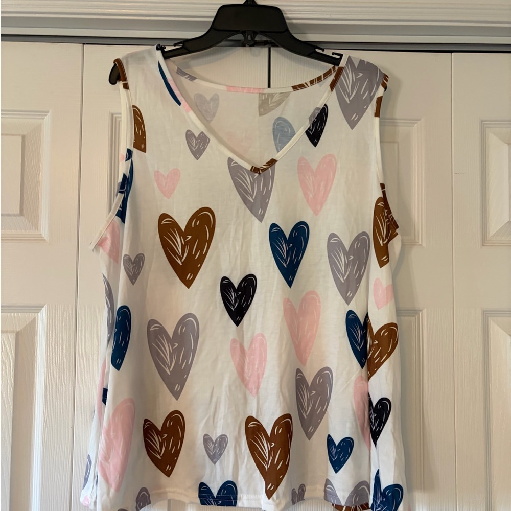 SHEIN White V-Neck Tank with Multicolor Heart Print